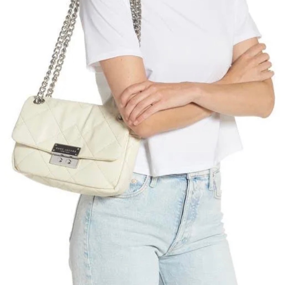 Marc Jacobs Cloud White Quilted Moto Shoulder Bag with Silver Hardware